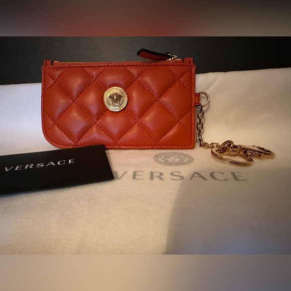 Versace Medusa Quilted orange leather zipper card case wallet NEW (AUTHE… - Picture 3 of 16